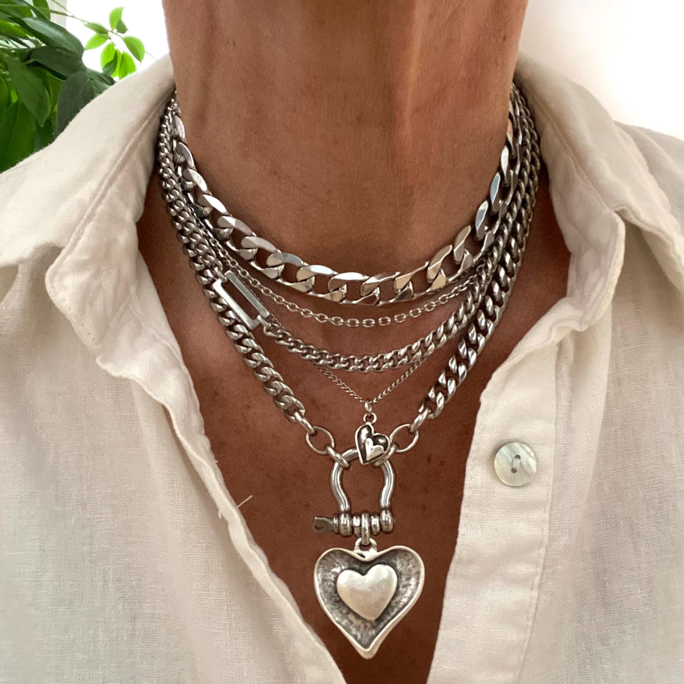 Chunky Layered Silver Necklace for Women in Shiny Stainless Steel