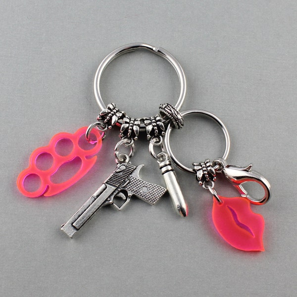 Hot Pink Cute Girly Brass Knuckles Keychain/Womens Pistol Keychain/Lips Keychain/Bullet Keychain/Handmade Keychains & Car Accessories ©SRA