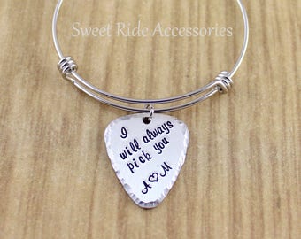 Personalized Womens Silver Guitar Pick Bracelet (Adjustable Bangle Bracelet) Girlfriend Gift, Wife Gift • Custom Guitar Pick Jewelry