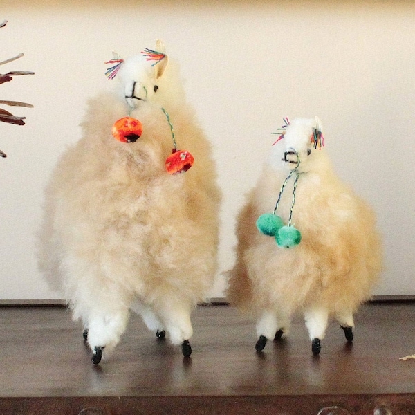 Beige Peruvian Fluffy Alpaca Ornament, Handmade Soft Alpaca toy, Stuffed decor housewarming gift