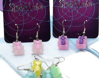 Gummy Bear Skeleton Sterling Silver earrings, Halloween Party Tombstone minimalist hoop accessories, cute creepy pastel goth October dangles