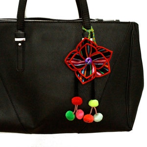 PERUVIAN Fabric Flower Pom pom keychain Pom pom bag charm keychain Purse Charm Boho keychain Handbag charm