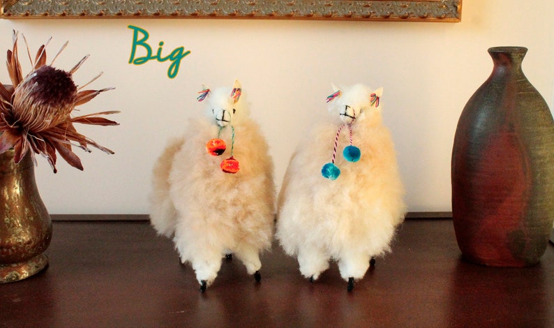 Beige Peruvian Fluffy Alpaca Ornament, Handmade Soft Alpaca toy, Stuffed decor housewarming gift Two Big