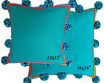 Turquoise PERUVIAN CUSHION COVER - Turquoise Blue throw pillow, Peruvian ethnic cushion, boho decor, embroidered pillow, bohemian decor
