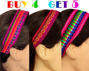 HOT PINK Peruvian fabric, Peruvian trim, Multicolor, Ethnic Tribal Woven Headband, Skinny Head Wrap, boho headband, thin headband