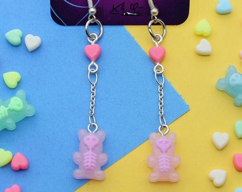 Gummy Bear Skeleton earrings, Halloween Party statement hoop accessories, cute creepy pastel goth October dangles