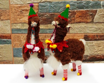 Peruvian Stuffed Alpaca Christmas Gift Ideas - Collection 2019. BROWN Santa's helper ornament. 5 1/2 inch tall Elf alpaca.