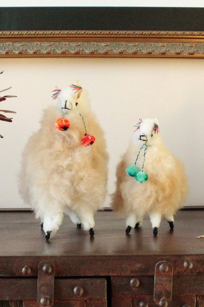 Beige Peruvian Fluffy Alpaca Ornament, Handmade Soft Alpaca toy, Stuffed decor housewarming gift 1 Small + 1 Big