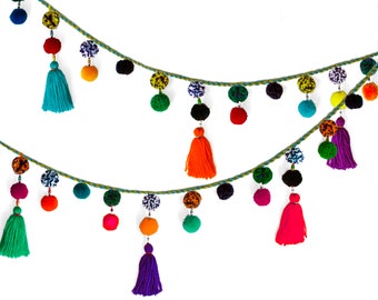 MULTICOLOR BIG Pom Pom Garland, Multicolor Garland with tassels, Party decor garland