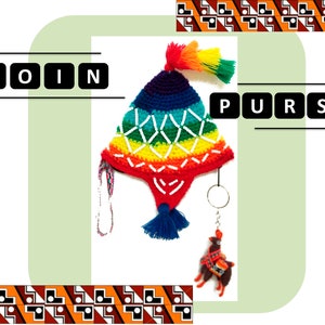 Monedero de CHULLO Peruano, Mini Cartera Etnica, Billetera Boho Arcoiris, Gorra Tejida de Invierno Multicolor, Monedero de Pom pom Tribal