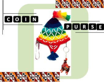 Peruvian CHULLO Coin Purse, Ethnic Mini Purse, Rainbow Boho Wallet, Multi-color Winter Knit Hat, Tribal Coin Purse, Pom pom Purse