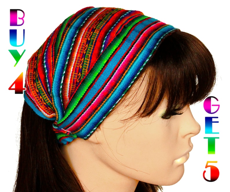 Blue Red / Turquoise Peruvian fabric, Peruvian textile, Multicolor, Woven Turban Headband, Headband Head Wrap, boho headband, wide headband image 1
