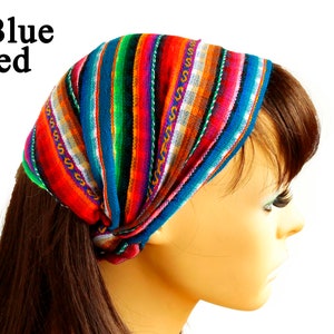 Blue Red / Turquoise Peruvian fabric, Peruvian textile, Multicolor, Woven Turban Headband, Headband Head Wrap, boho headband, wide headband Blue & Red