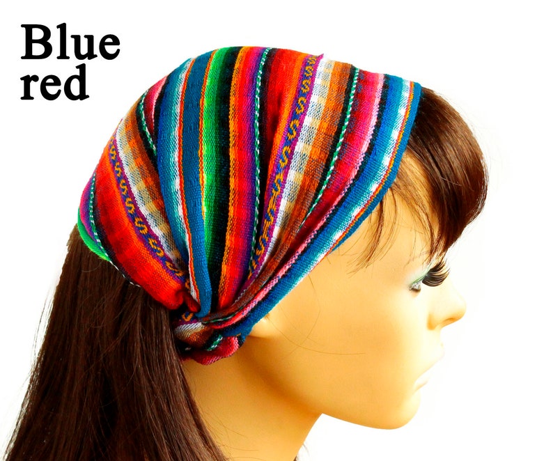 Blue Red / Turquoise Peruvian fabric, Peruvian textile, Multicolor, Woven Turban Headband, Headband Head Wrap, boho headband, wide headband Blue & Red