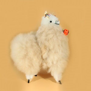 Beige Peruvian Fluffy Alpaca Ornament, Handmade Soft Alpaca toy, Stuffed decor housewarming gift image 8