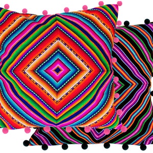 PERUVIAN Pom Pom OUTDOOR CUSHION Cover - throw pillow, Peruvian ethnic cushion, boho decor, embroidered pillow, geometric bohemian decor