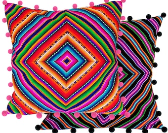 PERUVIAN Pom Pom OUTDOOR CUSHION Cover - throw pillow, Peruvian ethnic cushion, boho decor, embroidered pillow, geometric bohemian decor