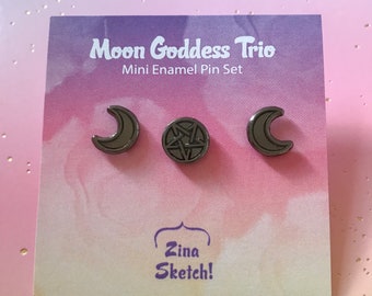 Triple Moon Goddess Mini Pin Set, Filler Pins, Pastel Goth Pins, Creepy Cute Pins, Witchy Pins, Halloween Pins, Spoopy Pins, Pentagram Pins