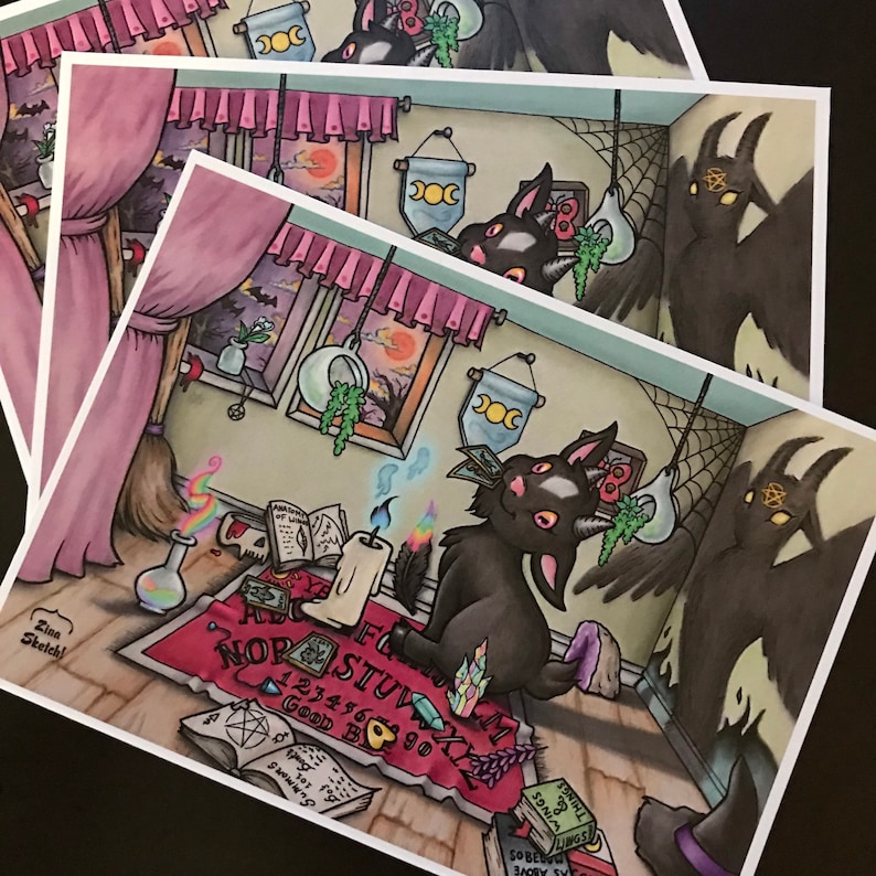 May include: A black cat with a pink bow sits on a red and purple Ouija board with a lit candle and crystals. The cat is looking at a stack of books with the words "Wings & Things" on the cover. A shadowy figure with horns and a pentagram is in the background.