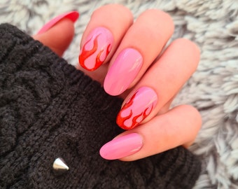 Red Foil Flames on Hot Pink | Hand Painted False Nails | Little Nail Designs