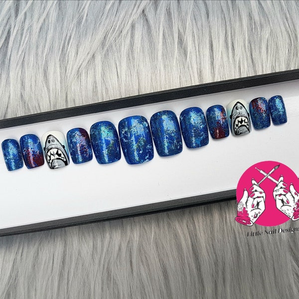 Shark Attack | Hand Painted False Nails | Little Nail Designs