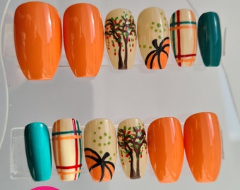 Pumpkin Patch | Autumn Fall Leaves | Hand Painted False Nails | Little Nail Designs