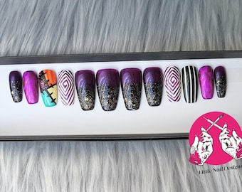 Gothic Halloween Patchwork and Stripes | Hand Painted False Nails | Halloween | Little Nail Designs