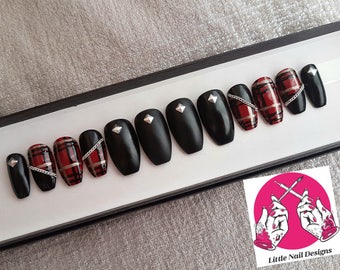 Tartan Matte Black Punk | Leather Look | Press On Hand Painted False Nails | Little Nail Designs