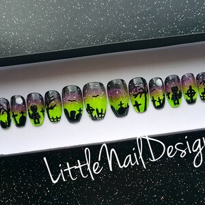 Graveyard Cemetery Skeleton Halloween False Nails | Hand Painted | Little Nail Designs