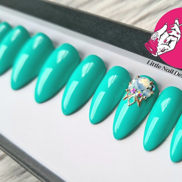 Mint Boho Chic | Opals | Crystals | Hand Painted False Nails | Little Nail Designs