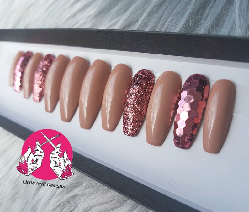 Hand Painted Metallic Rose Gold Glitter False Nails Little Etsy UK