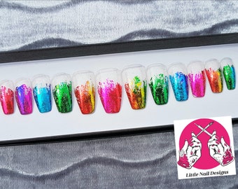 Rainbow Pride | Glitter Clear | Hand Painted False Nails | Little Nail Designs