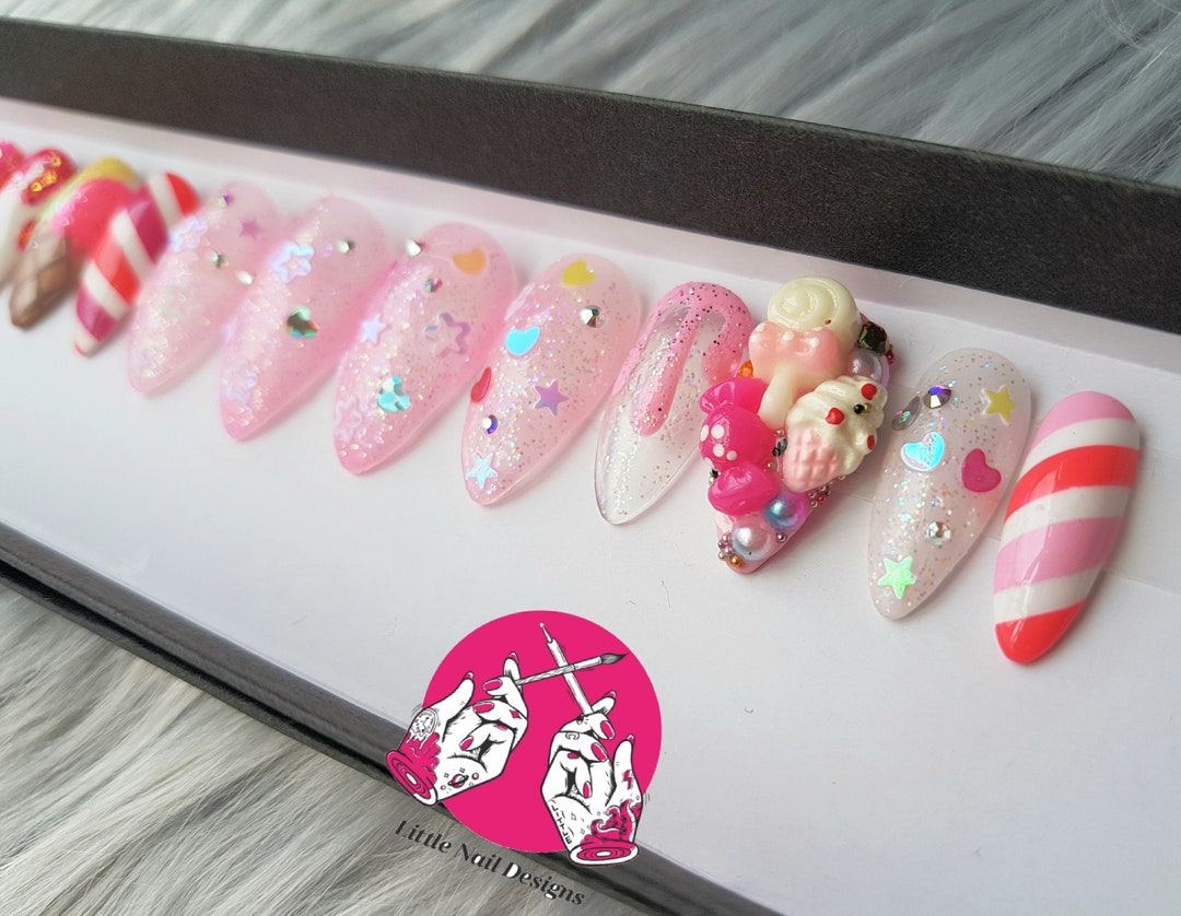 Candy Kawaii Hand Painted False Nails Little Nail Designs - Etsy