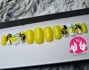 Crystal Pineapples | Palm Trees | Lime Hand Painted False Nails | Little Nail Designs