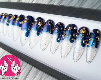 Constellation | Moon and Stars Night Sky | Hand Painted False Nails | Little Nail Designs