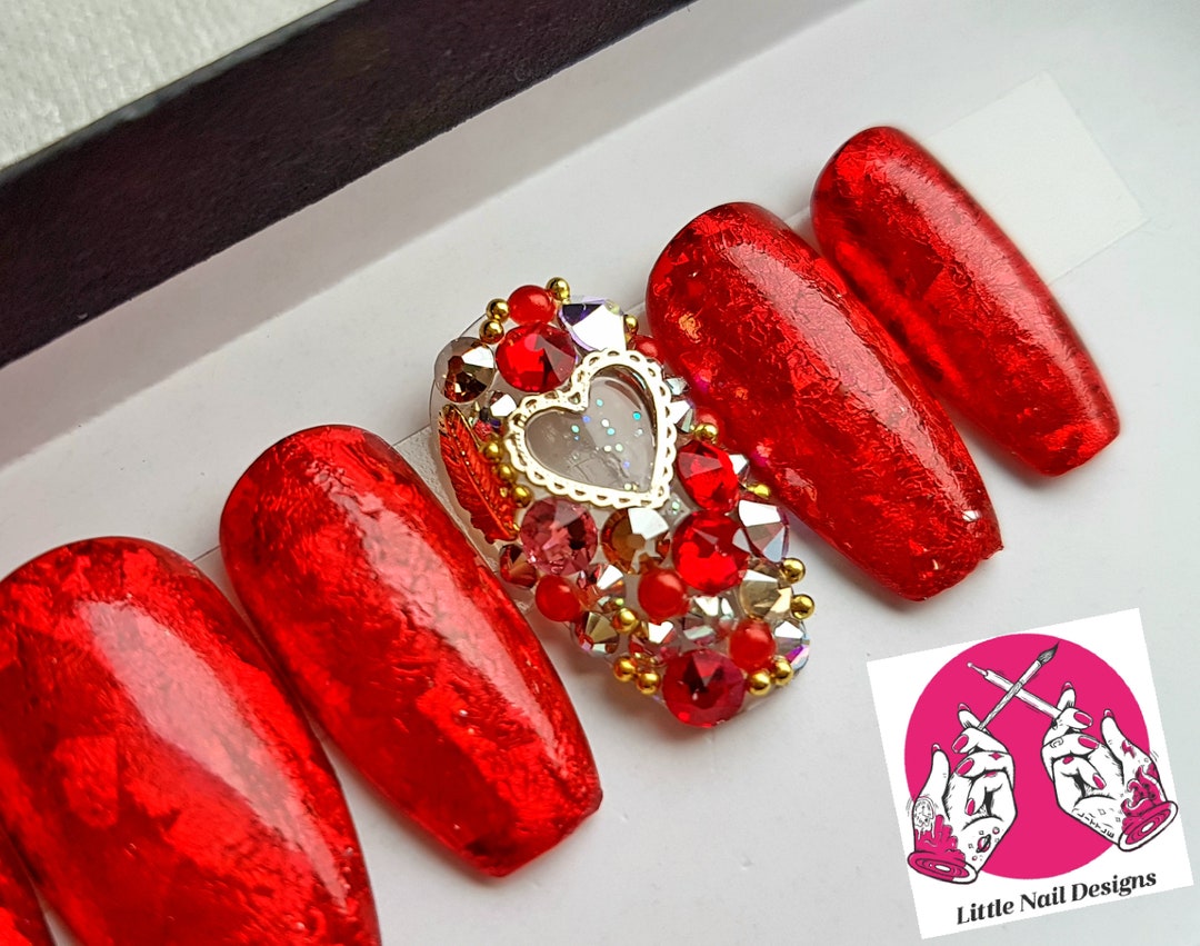 Red Crystal Encrusted Hand Painted False Nails Valentines Etsy UK