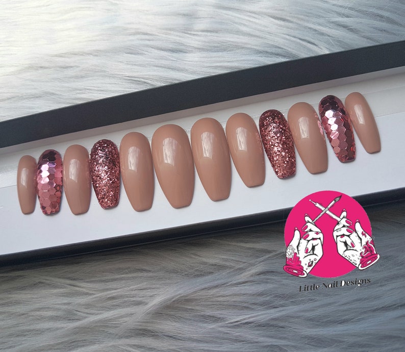 Hand Painted Metallic Rose Gold Glitter False Nails Little Etsy UK