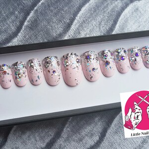 Confetti Sparkles Bridal Wedding Prom Pink Glitter Crystals Hand Painted False Nails Little Nail Designs image 1