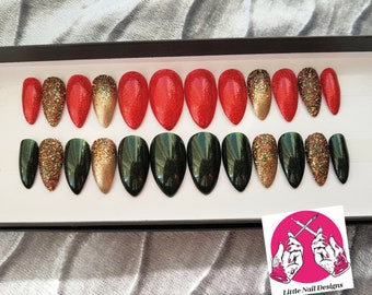 Christmas Red or Green Glitter | Hand Painted False Nails | Little Nail Designs