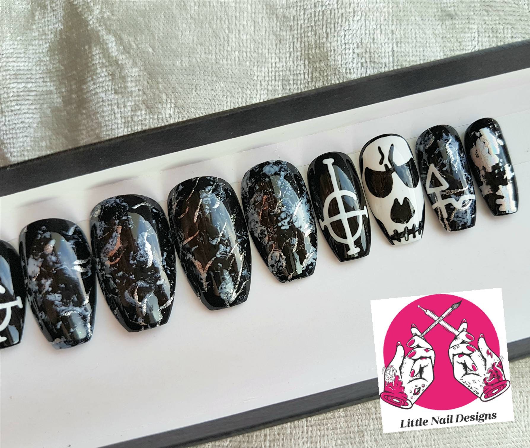 Ghost band Grucifix Black Marble Hand Painted False Nails | Etsy