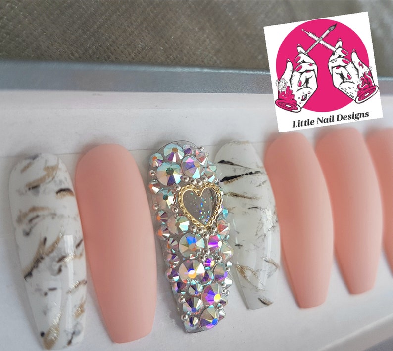 Matte Pink Marble Swarovski Crystal Hand Painted False Nails - Etsy
