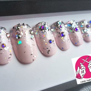 Confetti Sparkles Bridal Wedding Prom Pink Glitter Crystals Hand Painted False Nails Little Nail Designs image 2