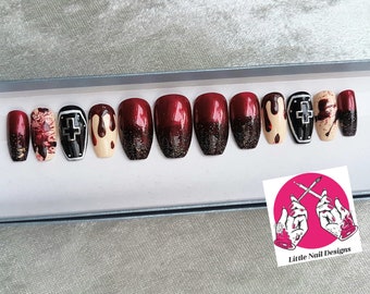 Vampire Blood Splatter | Coffin | Hand Painted False Nails | Halloween | Little Nail Designs