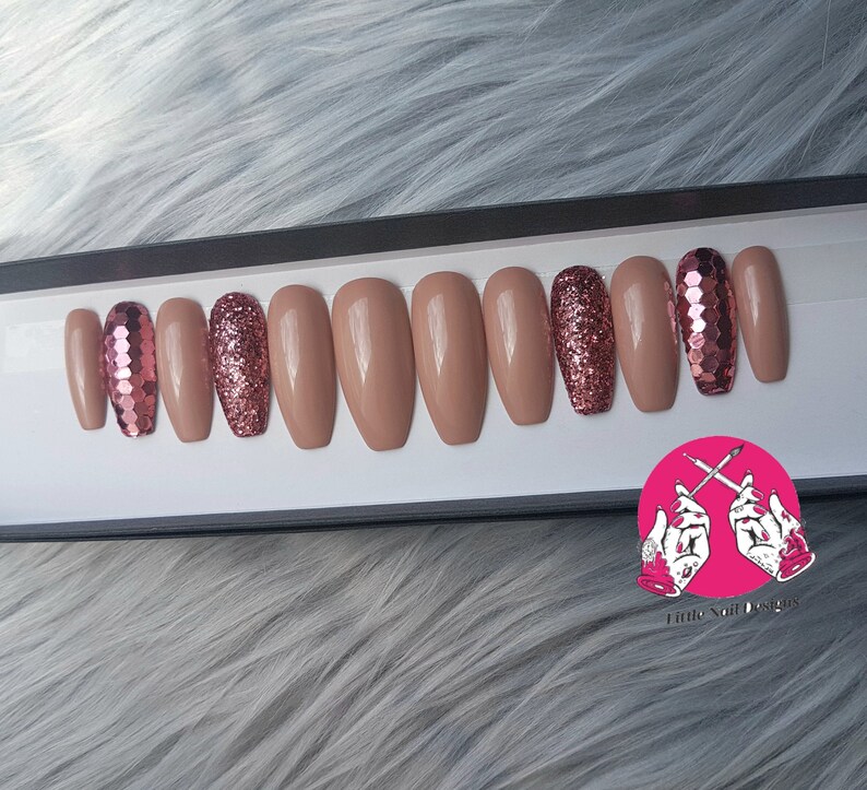 Hand Painted Metallic Rose Gold Glitter False Nails Little Etsy