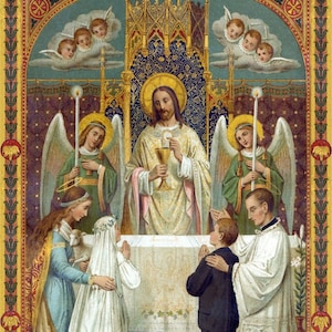 First Communion / Jesus Gives Eucharist – Based on Vintage Holy Card – Catholic Art Print – Communion Gift – Archival Quality