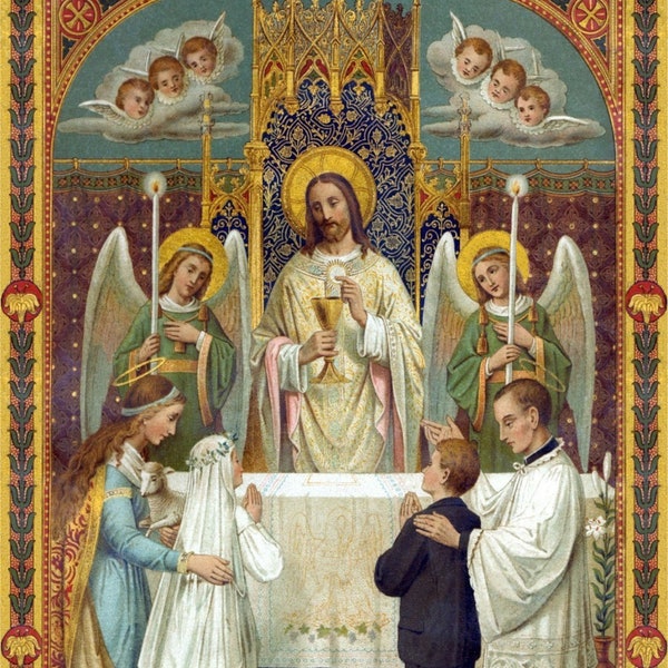 Première Communion / Jésus donne l'Eucharistie - Basé sur une carte sainte vintage - Impression d'art catholique - Cadeau de communion - Qualité d'archivage