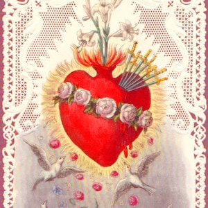 Cœur immaculé de Marie avec colombes et dentelle - basé sur une carte sainte française vintage - Impression d'art catholique - Qualité archive