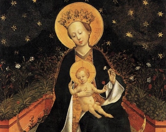 Madonna con la luna crescente in Hortus Conclusus – Stampa d'arte cattolica rinascimentale – Qualità d'archivio