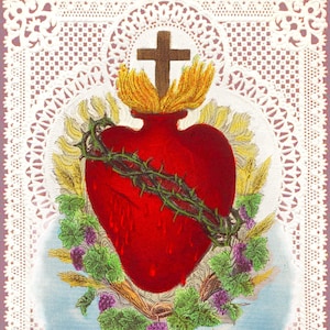 Sacred Heart of Jesus with Doves and Lace – based on a Vintage Holy Card – Catholic Art Print – Archival Quality