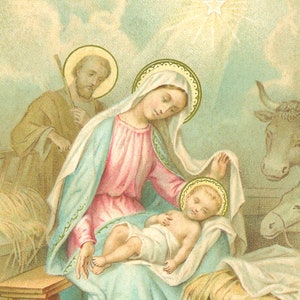 Weihnachtskrippe – basierend auf einer französischen Vintage Heiligenkarte – katholischer Kunstdruck – viktorianisch – Archivqualität
